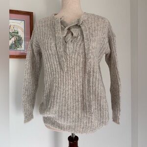 AERIE XS Light Gray Fuzzy Sweater with lace up v neck